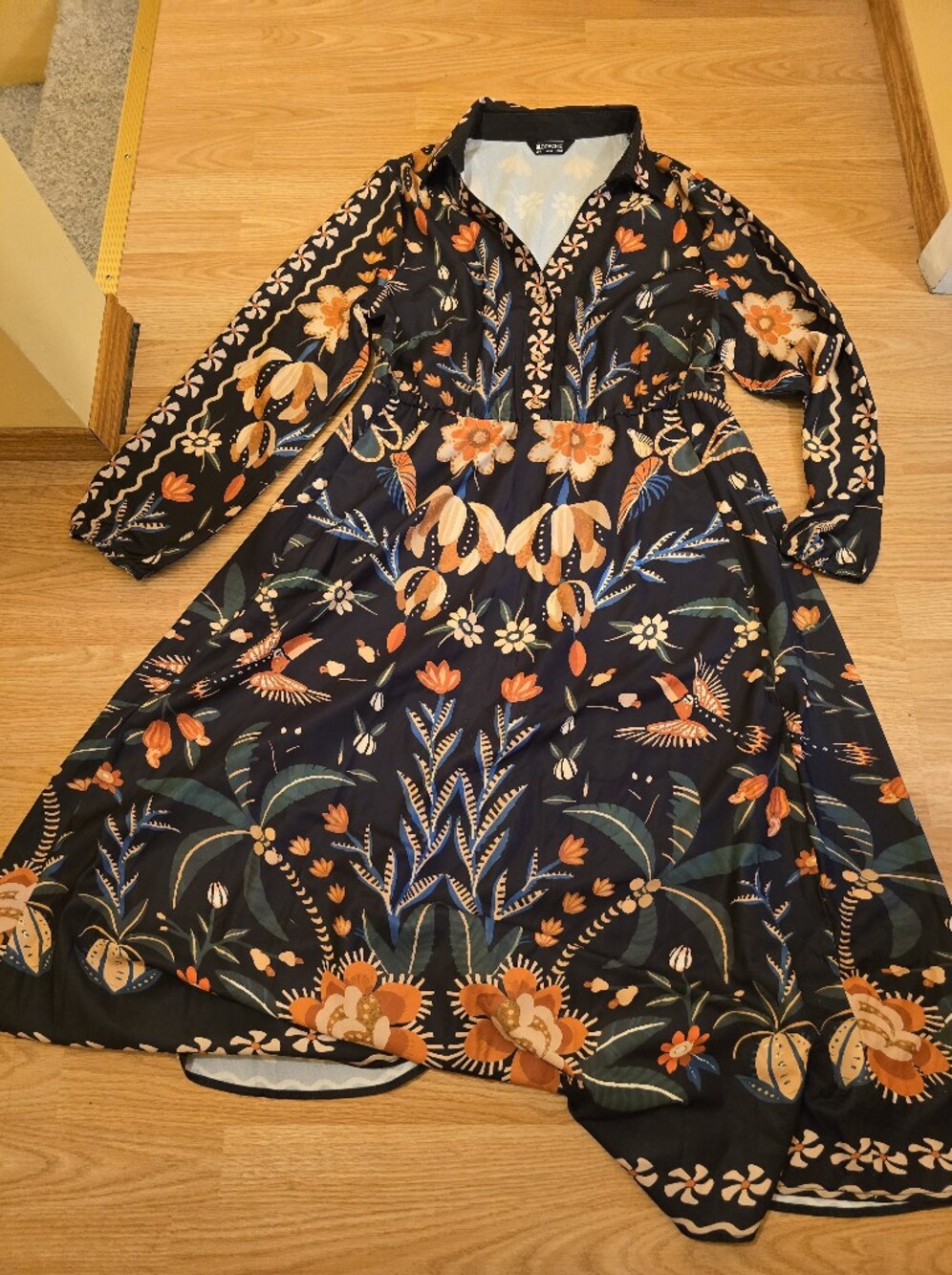 BloomChic Black Floral Maxi Dress with Orange Accents